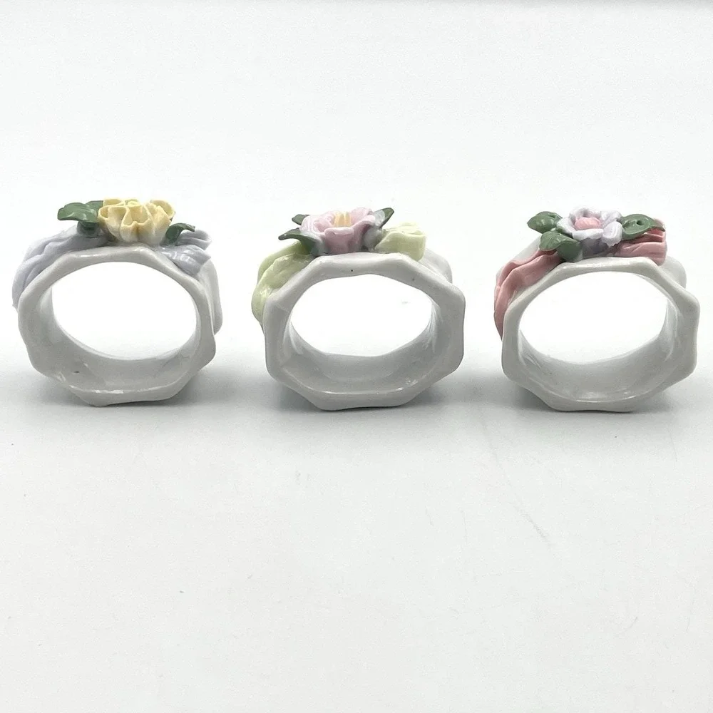 Vintage 1980s Porcelain Floral Napkin Rings Set of 6 Applied Flowers Pastel
